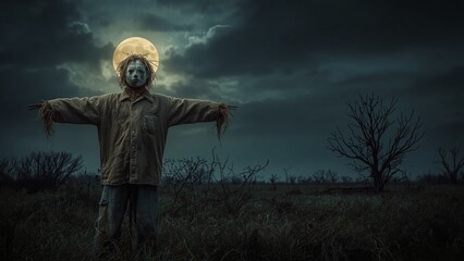 Spooky Scarecrow Under Full Moon