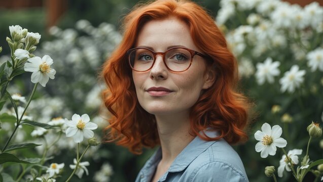 Red-haired woman with glasses and white flowers in the garden with empty space for text