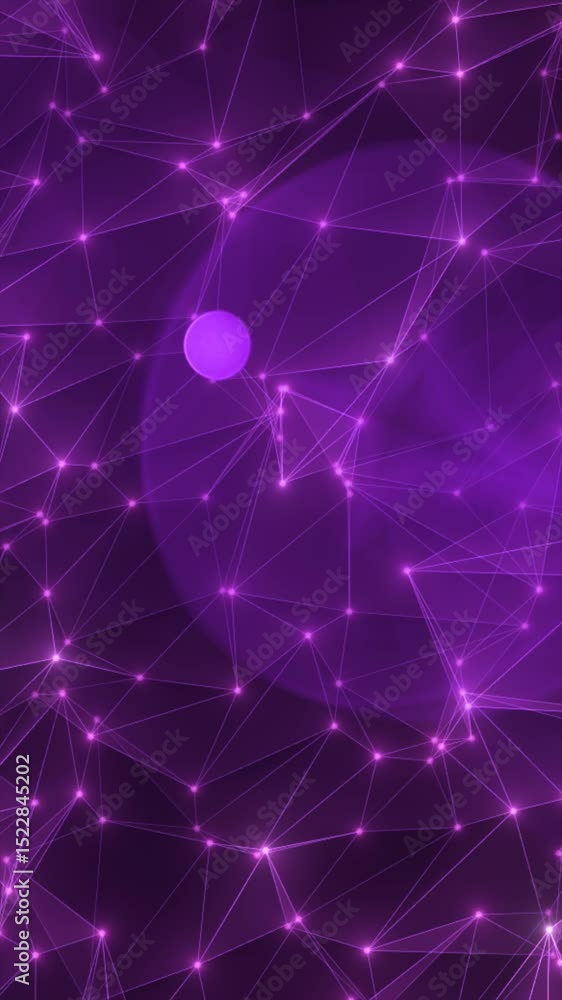 Poster network of glowing violet lines and nodes creating a futuristic abstract web on a dark purple backgr