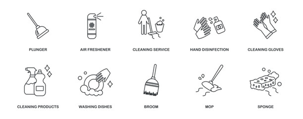 Line art icons depicting various cleaning supplies and services are displayed against a white background