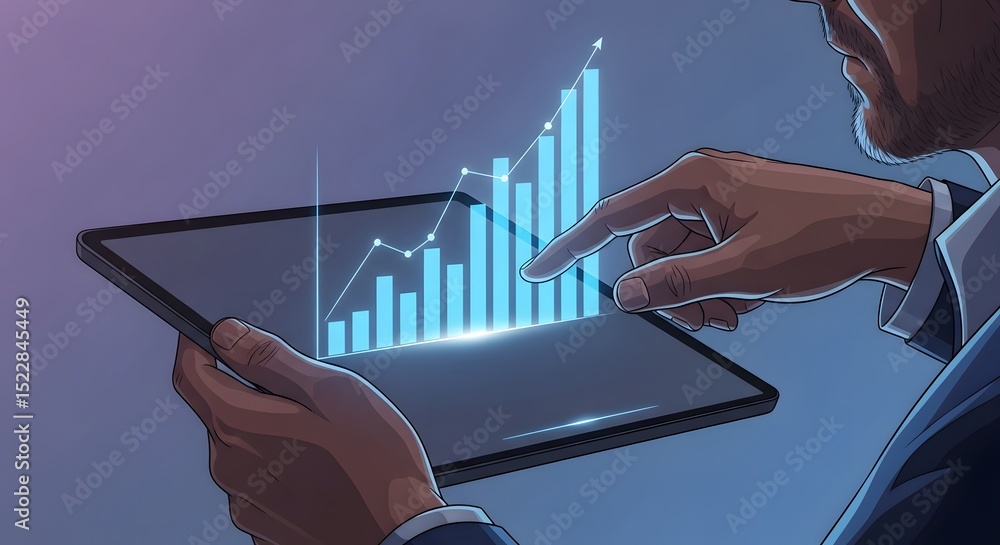 Poster analyzing business growth data visualization on tablet