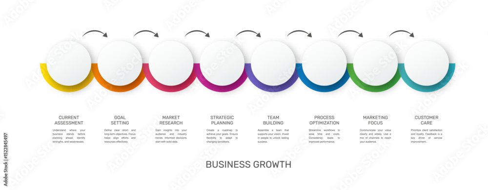 Poster business vector infographic design template. circle timeline with icons and 8 eight arrows or steps.