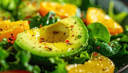 Salad with sliced avocado, orange segments, and green leaves
