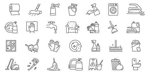 Line art showcases cleaning supplies and actions neatly arranged
