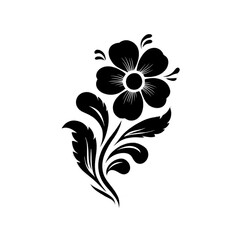 Simple black floral silhouette design features single flower with leaves, creating elegant and minimalistic look. design is suitable for various decorative purposes