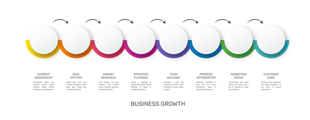 Business vector infographic design template. Circle timeline with icons and 8 eight arrows or steps. Used for process diagram, presentations, workflow layout, info graph, banner, flow chart