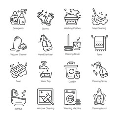 Sixteen cleaning iconsdetergents gloves clothes mop vacuum sanitizer brush towel soap tap dustbin spray tub window machine apron