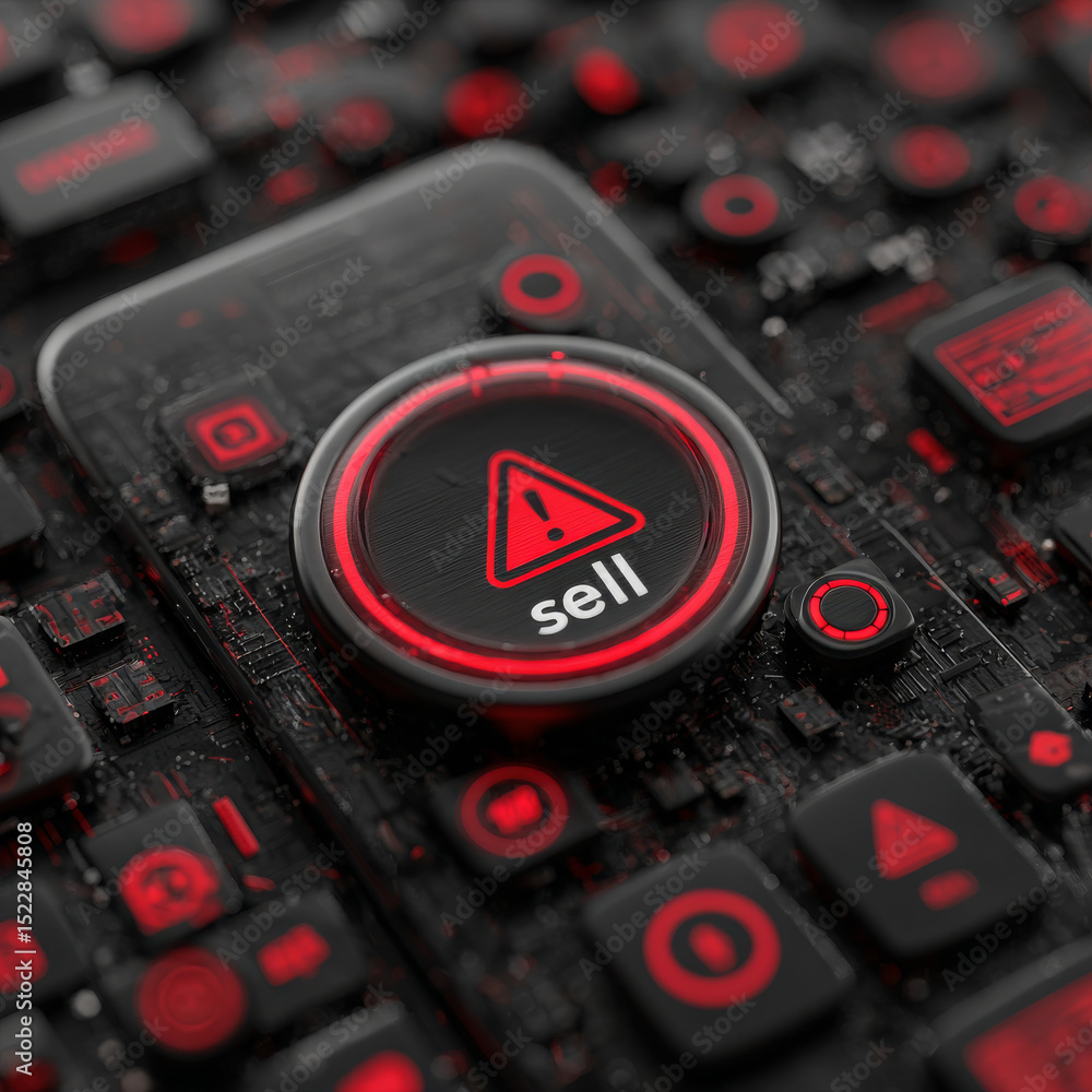 Poster red sell button with warning symbol on mobile screen surrounded by circuit elements, conveying urgen