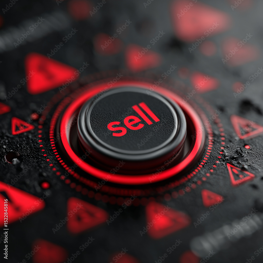 Poster dynamic close up of red sell button on textured black surface, surrounded by glowing red symbols