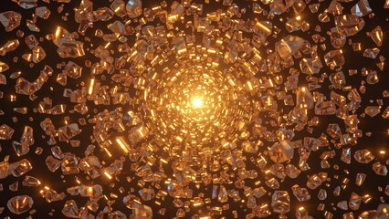 An explosion of golden particles swirling in a dynamic motion, creating an ethereal visual experience against a dark background.
