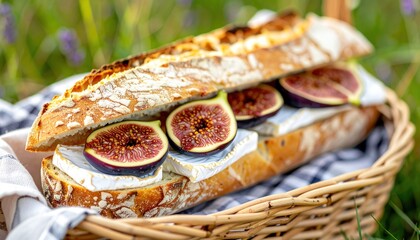 Fig & brie sandwich on baguette in a basket, on picnic blanket, soft focus background