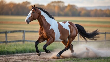 Obraz premium American paint horse in gallop across a field with a fence in the background.