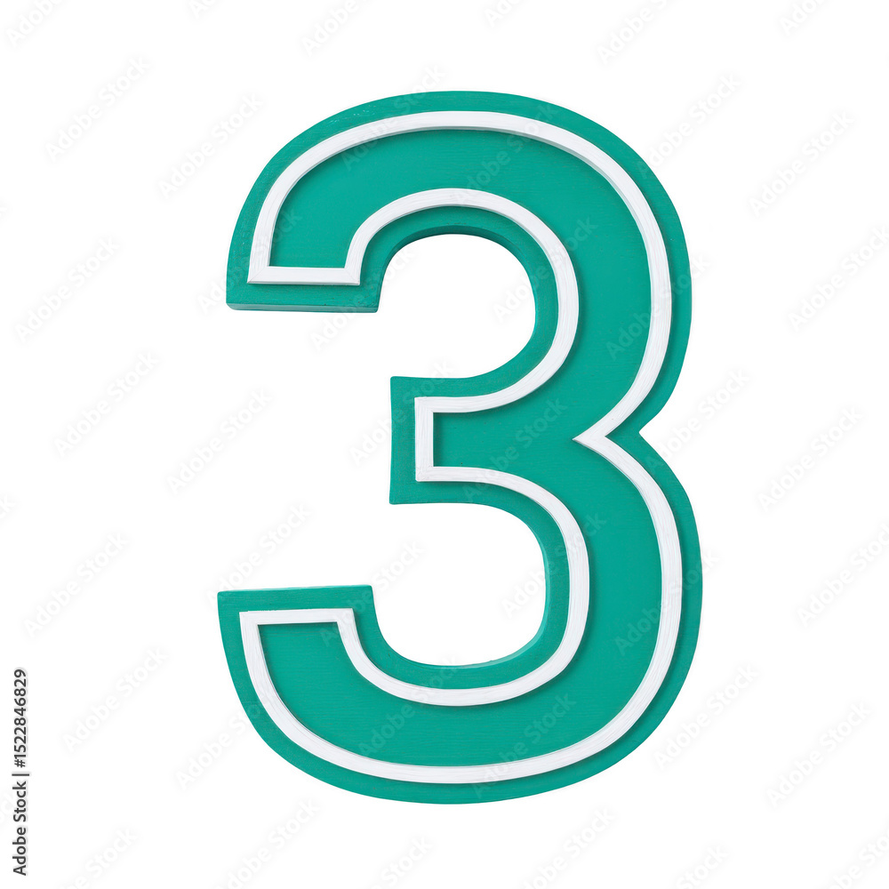 Poster teal number three with white outline on plain background, showcasing bold and modern design. number 