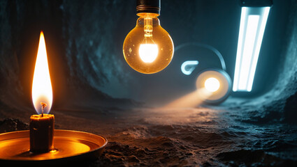 Candle, light bulb and spotlight illuminating dark cave