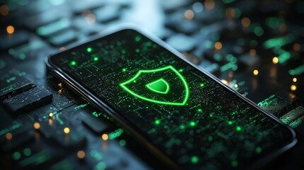Modern smartphone showcasing a secure interface on a digital background with glowing elements at night