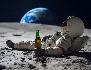 Astronaut relaxing on the moon with a beer