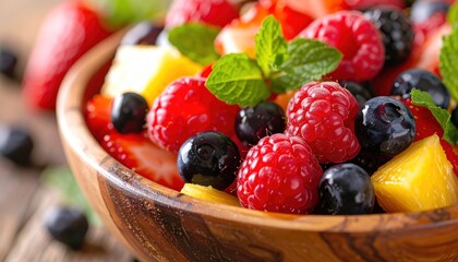 Fresh fruit salad in wood bowl with vibrant colors, berries, mint garnish, and a shallow depth of field