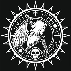 Dark fantasy emblem hooded figure mystical game design logo icon magic witch gamer wizard symbol