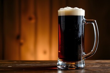 Frothy Delight: A refreshing glass of stout beer, overflowing with a creamy, foamy head, sits invitingly on a rustic wooden surface, beckoning with its rich, dark hue and satisfying aroma.
