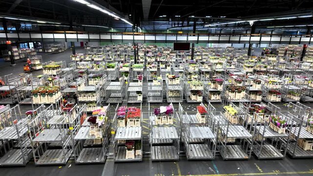 A high-tech logistics center efficiently sorts, prepares, and ships fresh flowers to final customers using automated systems and AI management.