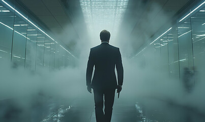 Obraz premium Man Walking Through Foggy Corridor Holding Object in Hand