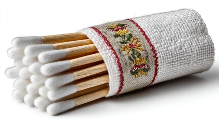 Cotton Swabs in Fabric Roll: A bundle of pristine cotton swabs neatly arranged inside a soft fabric roll, ready for use. The fabric features a delicate floral pattern, adding a touch of elegance.