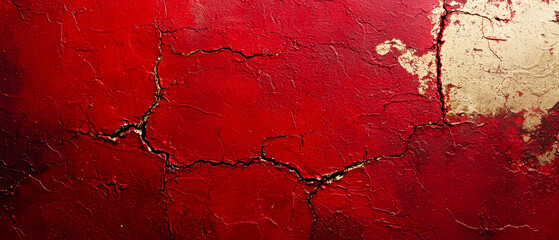 Red textured wall with golden shimmering cracks.Wallpaper or abstract artistic backgrounds.