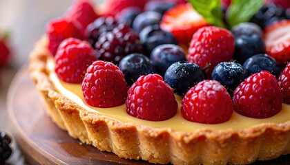 Berry tart raspberries, blueberries, strawberries, blackberries on custard cream in a flaky crust
