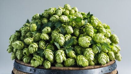 Fototapeta premium A barrel of beer with hop cones isolated on a plain background.