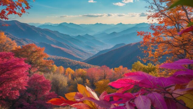 A serene autumn vista overlooking mountain ranges with vibrant foliage in the foreground, adding depth and color contrast against the expansive view. - Powered by Adobe