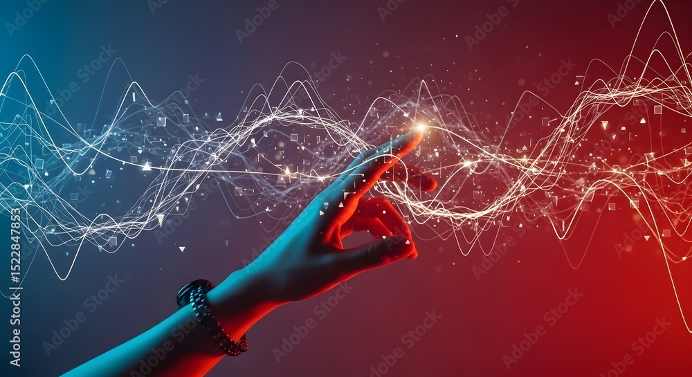 Poster abstract hand interacting with data waves digital technology and innovation