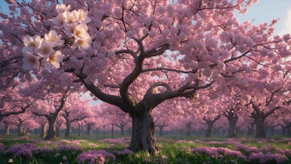 Fototapeta premium A blooming tree in a spring garden with pink flowers and lush greenery.