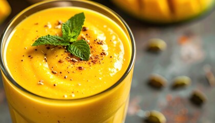 Vibrant yellow mango smoothie in a glass, garnished with mint and spice on a textured dark surface