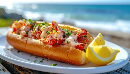 Lobster roll on plate, lemon wedge, ocean backdrop
