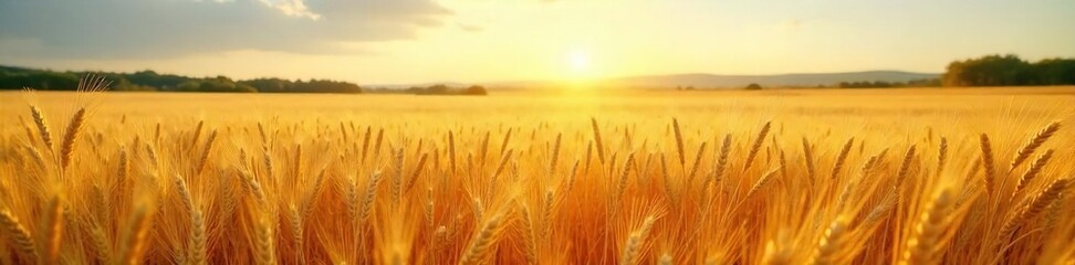 Obraz premium Golden wheat swaying gently in the summer breeze, ripe and ready for harvest Sun-drenched fields stretch to the horizon, a breathtaking view of agricultural abundance , cereal, farm