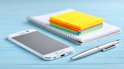 White Smartphone Notepad and Pen on Blue Desk