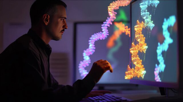 A man is sitting in front of a computer monitor with a colorful image of DNA strands. He is touching the screen with his finger