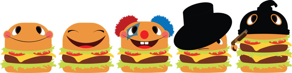 Five unique burger characters, each with distinct expressions and accessories, stacked with fresh lettuce, cheese, tomato, and patties.
