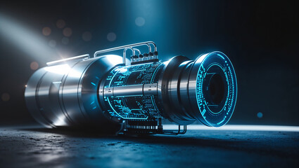 Quantum computer processing data with glowing blue lights in a dark laboratory