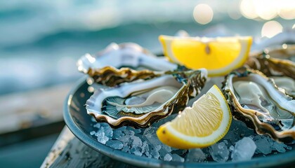 Oysters on ice with lemon wedges by the sea, bokeh, bright light