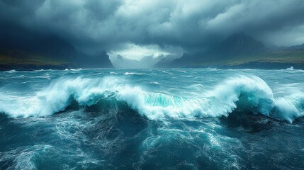 Naklejka premium Stormy sea waves crashing against dramatic cliffs