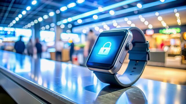 Smartwatch on table with lock icon on screen, symbolizing data encryption and cybersecurity in wearable payment technology, set in a bustling modern shopping mall environment.