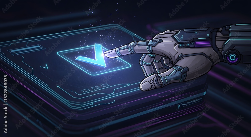 Poster futuristic robotic hand interacting with a digital interface showing a checkmark