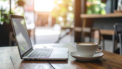 Laptop and cappuccino on worn wood, soft lighting, cozy, inviting setting