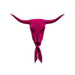 Vibrant magenta bull skull with long horns and decorative bandana creates striking and artistic image. bold color and unique design evoke sense of creativity and style