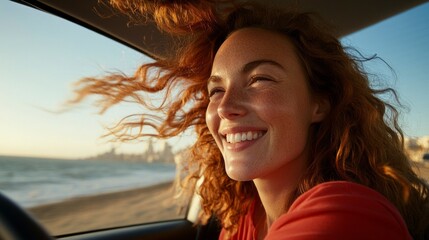 A joyful woman is captured mid-ride in her car, driving with the window down to enjoy a sunny day by the ocean.