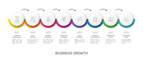 Business vector infographic design template. Circle timeline with icons and 8 eight arrows or steps. Used for process diagram, presentations, workflow layout, info graph, banner, flow chart