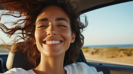 "A joyful person driving a car during sunset."