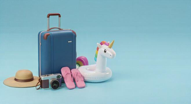 Charming 3D illustration of summer travel essentials featuring a suitcase, camera, and unicorn float