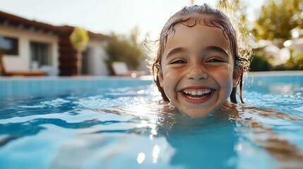 Child in swimming pool, smiling at camera.